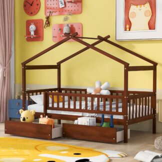 Kumix Wooden House Bed with a Roof Frame and Two Drawers, Twin Size Platform Bed with Slats Support and Fence Guardrail for Kids Teens Boys/Girls, No Box Spring Needed, Noise-Free, Walnut