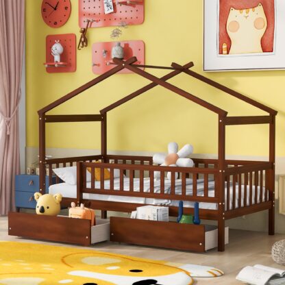 Kumix Wooden House Bed with a Roof Frame and Two Drawers, Twin Size Platform Bed with Slats Support and Fence Guardrail for Kids Teens Boys/Girls, No Box Spring Needed, Noise-Free, Walnut
