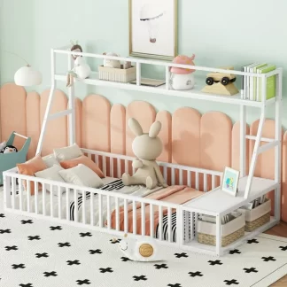 Kumix Floor Bed with Desk and Storage Shelves, Metal Twin Size Floor Bed with Safety Fence, Playhouse for Kids, Kids Montessori Floor Bed Frame for Bedroom, without Slats, Easy Assembly, White