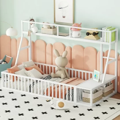 Kumix Floor Bed with Desk and Storage Shelves, Metal Twin Size Floor Bed with Safety Fence, Playhouse for Kids, Kids Montessori Floor Bed Frame for Bedroom, without Slats, Easy Assembly, White