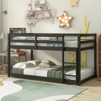 Kumix Bunk Bed with Full Length Guardrail and Build-in Ladder, Wood Low Bunk Bed Twin over Twin with Slats Support, Heavy Duty Bunk Bed Frame for Kids Teens Adults, Noise-Free, Espresso