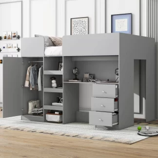 Kumix Loft Bed with Desk, Wood Loft Bed Full Size with Built-in Wardrobe Storage, Shelves and Drawers for Kids Teens Adults, Heavy Duty Loft Bed Frame for Bedroom, Noise-Free, Easy Assembly, Gray
