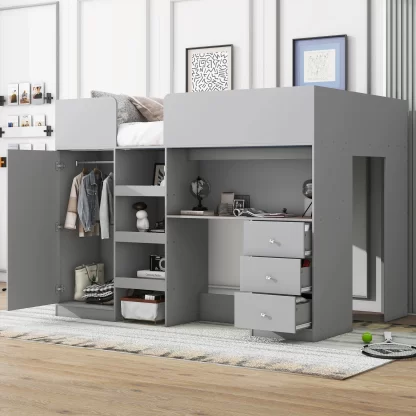 Kumix Loft Bed with Desk, Wood Loft Bed Full Size with Built-in Wardrobe Storage, Shelves and Drawers for Kids Teens Adults, Heavy Duty Loft Bed Frame for Bedroom, Noise-Free, Easy Assembly, Gray