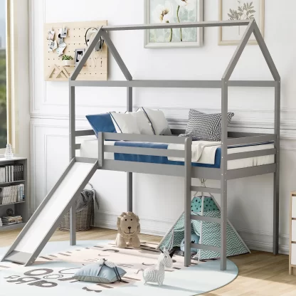Kumix Loft Bed with Slide, Wooden House Loft Bed Twin Size with Slats Support, Ladder, and Full Length Guardrail for Kids Teens Boys Girls, No Box Spring Needed, Noise-Free, Easy Assembly, Gray