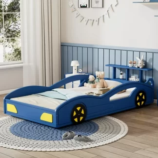 Kumix Platform Bed Twin Size, Car-Shaped Platform Bed with Wheels and Guardrail for Kids Teens Boys and Girls, Wooden Race Car Bed for Bedroom, No Box Spring Needed, Noise-Free, Blue & Yellow