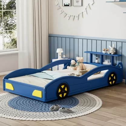 Kumix Platform Bed Twin Size, Car-Shaped Platform Bed with Wheels and Guardrail for Kids Teens Boys and Girls, Wooden Race Car Bed for Bedroom, No Box Spring Needed, Noise-Free, Blue & Yellow