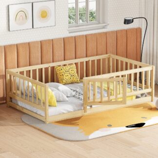 Kumix Floor Bed with Fence and Door, Wooden Twin Size Montessori Floor Bed Frame for Kids, Toddler, Girls, Boys, Kids Montessori Bed Twin Size for Bedroom, Dorm, Noise-Free, Easy Assembly, Natural