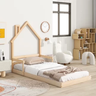 Kumix Twin Size Floor Bed with Handrails and House-Shaped Headboard, Toddler Floor Bed for Kids 1-3 Aged, Wood Floor Bed Frame for Bedroom, Slat Support, Noise-Free, Easy Assembly, Natural