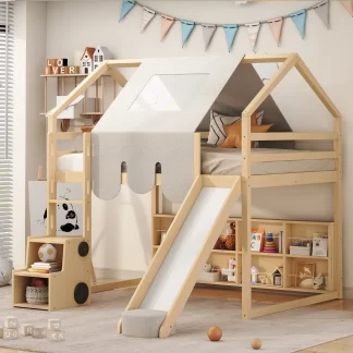Kumix Full Size Loft Bed with Slide and Tent, House Loft Bed with Car-Shaped Storage and 2 Tier Shelves, Wood Loft Bed with Safety Guardrail & Ladder for Kids Teens Boys Girls, Noise-Free, Natural