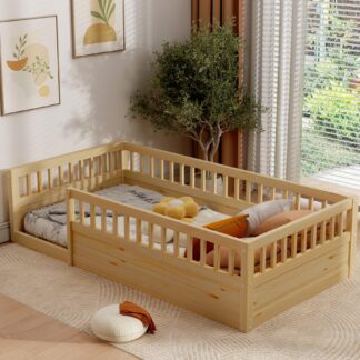 Kumix Floor Bed with Fence Guardrail, Twin Size Floor Bed for Kids Toddlers, Wood Floor Beds Frame for Bedroom Playroom, No Weight Capacity Limit, No Box Spring Needed, Easy Assembly, Natural