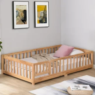 Kumix Floor Bed Full Size with Door and Fence, Solid Wooden Platform Bed Frame with Wood Slats Support, Suitable for Kids Boys/Girls, Noise-Free, No Box Spring Needed, Easy Assembly, Natural