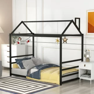 Kumix House Floor Bed with Roof and Chimney Design, Twin Floor Bed without Slats Support, Metal Platform Beds for Kids Toddlers Teens, Heavy Duty Floor Bed for Bedroom, Easy Assembly, Black