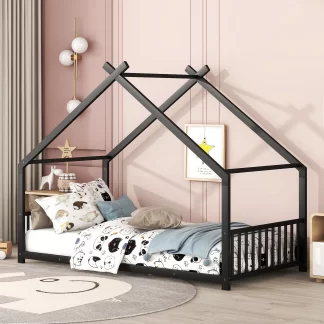 Kumix House Floor Bed, Metal Twin Size Floor Bed with Roof Frame, Headboard, Footboard and 13 Slats Support for Kids Young Teens, Heavy Duty Floor Beds Frame for Bedroom, Noise-Free, Black