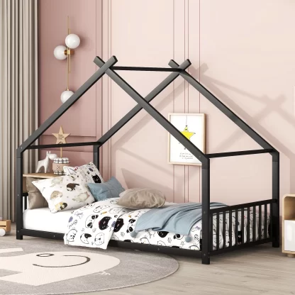 Kumix House Floor Bed, Metal Twin Size Floor Bed with Roof Frame, Headboard, Footboard and 13 Slats Support for Kids Young Teens, Heavy Duty Floor Beds Frame for Bedroom, Noise-Free, Black