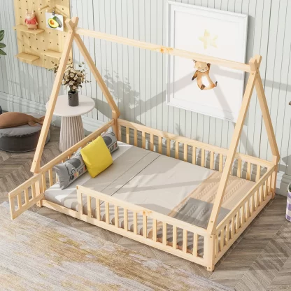 Kumix Floor Bed with Fence Guardrails, Full Tent-shaped Floor Bed for Kids Boys/Girls, Wood Floor Bed Frame for Toddler 1-3, Low Floor Bed Slat Support, Easy Assembly, Noise-Free, Natural