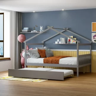 Kumix Platform Bed with Trundle, Wooden Twin Size House Bed with Roof Frame, Headboard and Footboard for Kids, Teens, Guests, Heavy Duty House Bed with Twin Trundle, Easy Assembly, Gray