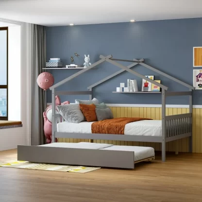 Kumix Platform Bed with Trundle, Wooden Twin Size House Bed with Roof Frame, Headboard and Footboard for Kids, Teens, Guests, Heavy Duty House Bed with Twin Trundle, Easy Assembly, Gray