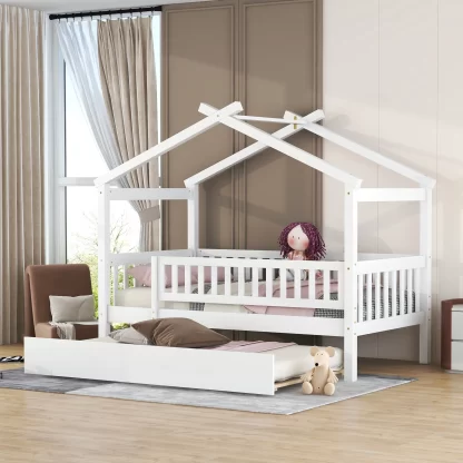 Kumix House Platform Bed with Twin Size Trundle, Twin Size Wooden House Bed with Roof Frame and Fence Guardrail for Kids Teens Adults, Noise-Free Platform Bed for 2, Easy Assembly, White