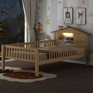 Kumix Platform Bed with House-shaped Headboard, LED and Built-in Storage, Wood Twin Size House Bed with Slats Support for Kids Teens Boys/Girls, No Box Spring Needed, Noise-Free, Natural
