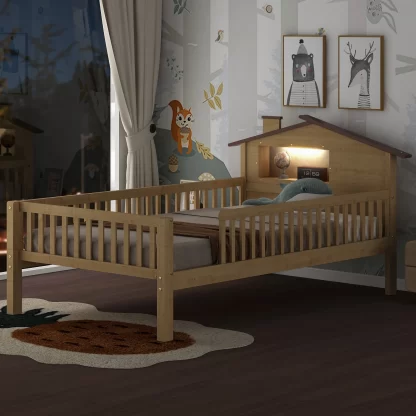 Kumix Platform Bed with House-shaped Headboard, LED and Built-in Storage, Wood Twin Size House Bed with Slats Support for Kids Teens Boys/Girls, No Box Spring Needed, Noise-Free, Natural