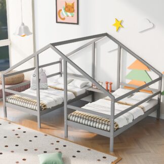Kumix Double House Beds with Built-in Table, Triangular Twin Size Bed with Under Bed Space, Slats Support for Kids Teens Adults, Wooden House Beds for 2, Easy Assembly, Noise-Free, Gray
