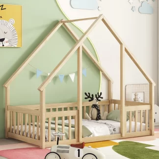 Kumix House-Shaped Floor Bed with Fence Guardrails and Roof, Twin Size Floor Bed Frame for Kids Boys & Girls, Wooden Playhouse Bed Frame, Twin Toddler Floor Bed Montessori House Bed Frame, Natural