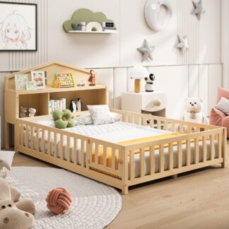 Kumix Floor Bed with Bookcases and Blackboards, Full Size Wood Montessori Floor Bed with Fence and Door, Solid Wood Floor Beds with Storage Headboards, Floor Beds for Kids & Toddler, Natural