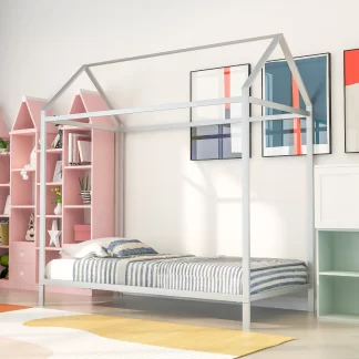 Kumix Metal House Floor Bed with House Roof, 20 Slats Support, Height Adjustable Twin Size Kids Floor Bed Frame for Toddlers Boys and Girls, Platform Bed for Bedroom, No Box Spring Needed, Silver