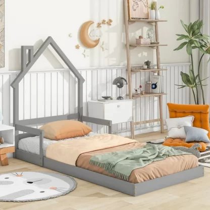 Kumix Twin Size Floor Bed with Handrails and House-Shaped Headboard, Toddler Floor Bed for Kids 1-3 Aged, Wood Floor Bed Frame for Bedroom, Slat Support, Noise-Free, Easy Assembly, Gray