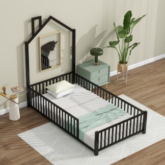Kumix Metal House Floor Bed with Fence Guardrail and Chimney, Twin Floor Bed for Kids Toddlers, No Weight Capacity Limit, Heavy Duty Floor Bed Frame for Bedroom, Easy Assembly, Black
