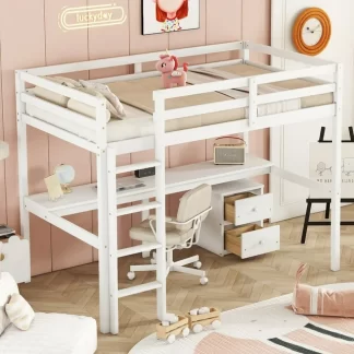 Kumix Loft Bed Twin Size, Wood Loft Bed with Built-in Desk, a Storage Cabinet of 2 Drawers, Full Length Guardrails, Ladder for Kids Teens Adults, Twin Loft Bed Frame Noise-Free, Easy Assembly, White