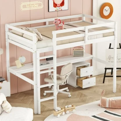 Kumix Loft Bed Twin Size, Wood Loft Bed with Built-in Desk, a Storage Cabinet of 2 Drawers, Full Length Guardrails, Ladder for Kids Teens Adults, Twin Loft Bed Frame Noise-Free, Easy Assembly, White