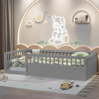 Kumix Floor Bed with Fence Guardrail, Twin Size Floor Bed for Kids Toddlers, Wood Floor Beds Frame for Bedroom Playroom, No Weight Capacity Limit, No Box Spring Needed, Easy Assembly, Gray