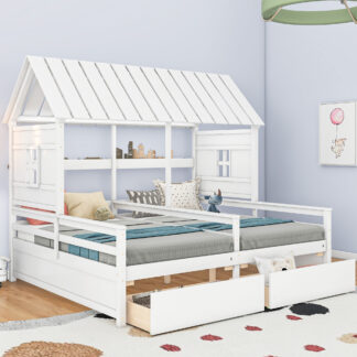 Kumix House Platform Beds with Two Drawers for Boy and Girl Shared Beds, Wooden Platform Bed Combination of 2 Side by Side Twin Size Beds, 2 in 1 Platform Bed, Noise-Free, Easy Assembly, White