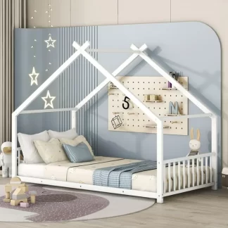 Kumix House Floor Bed, Metal Twin Size Floor Bed with Roof Frame, Headboard, Footboard and 13 Slats Support for Kids Young Teens, Heavy Duty Floor Beds Frame for Bedroom, Noise-Free, White