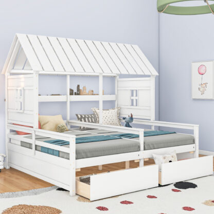 Kumix House Platform Beds with Two Drawers for Boy and Girl Shared Beds, Wooden Platform Bed Combination of 2 Side by Side Twin Size Beds, 2 in 1 Platform Bed, Noise-Free, Easy Assembly, White