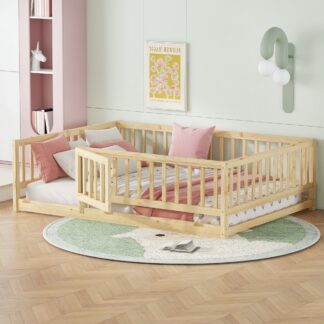 Kumix Floor Bed with Fence and Door, Wooden Full Size Montessori Floor Bed Frame for Kids, Toddler, Girls, Boys, Kids Montessori Bed Full Size for Bedroom, Dorm, Noise-Free, Easy Assembly, Natural