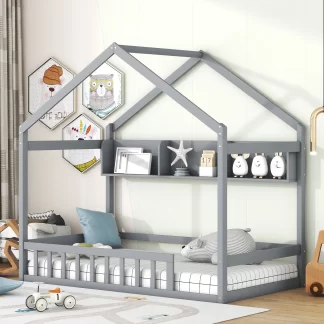 Kumix House Bed with Storage Shelf, Wooden Twin Size Kids House Bed with Fence Guardrail and Roof for Boys and Girls, Heavy Duty House Bed Frame for Bedroom, Noise-Free, Easy Assembly, Gray