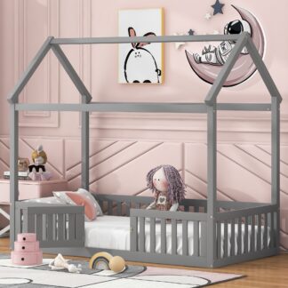 Kumix House Beds with Fence Guardrail and Door, Wood Twin Floor Beds with Roof Frame for Kids Teens, Toddler Floor Beds for Bedroom, Dorm, No Box Spring Needed, Easy Assembly, Noise-Free, Gray