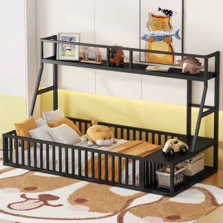 Kumix Floor Bed with Desk and Storage Shelves, Metal Twin Size Floor Bed with Safety Fence, Playhouse for Kids, Kids Montessori Floor Bed Frame for Bedroom, without Slats, Easy Assembly, Black