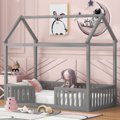 Kumix House Beds with Fence Guardrail and Door, Wood Twin Floor Beds with Roof Frame for Kids Teens, Toddler Floor Beds for Bedroom, Dorm, No Box Spring Needed, Easy Assembly, Noise-Free, Gray