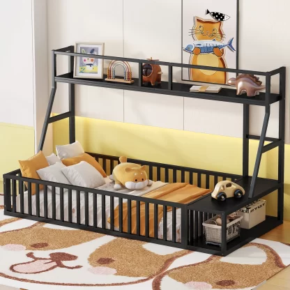 Kumix Floor Bed with Desk and Storage Shelves, Metal Twin Size Floor Bed with Safety Fence, Playhouse for Kids, Kids Montessori Floor Bed Frame for Bedroom, without Slats, Easy Assembly, Black