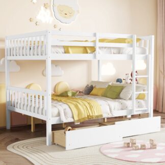 Kumix Bunk Bed with 2 Drawers, Rubber Wood Bunk Bed Full over Full with Full-Length Guardrail and Ladder for Kids Teens Adults, Bunk Bed Can Convertible into 2 Full Beds, Noise-Free, White