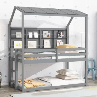Kumix Bunk Bed with Bedside Shelves, House Semi-enclosed Roof, Wooden Bunk Beds Twin over Twin with Guardrails and Ladder for Kids Teens Adults, Low Bunk Bed Frame for Bedroom, Easy Assembly, Gray
