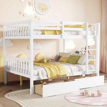 Kumix Bunk Bed with 2 Drawers, Rubber Wood Bunk Bed Full over Full with Full-Length Guardrail and Ladder for Kids Teens Adults, Bunk Bed Can Convertible into 2 Full Beds, Noise-Free, White