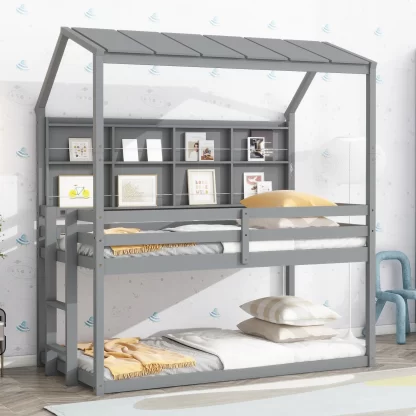 Kumix Bunk Bed with Bedside Shelves, House Semi-enclosed Roof, Wooden Bunk Beds Twin over Twin with Guardrails and Ladder for Kids Teens Adults, Low Bunk Bed Frame for Bedroom, Easy Assembly, Gray