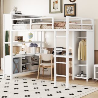 Kumix Loft Bed with Wardrobe and L-shaped Desk, Metal Loft Bed Full Size with Storage Cubes and Shelves, Heavy Duty Loft Bed Frame for Kids Teens Adults, Noise-Free, Easy Assembly, White
