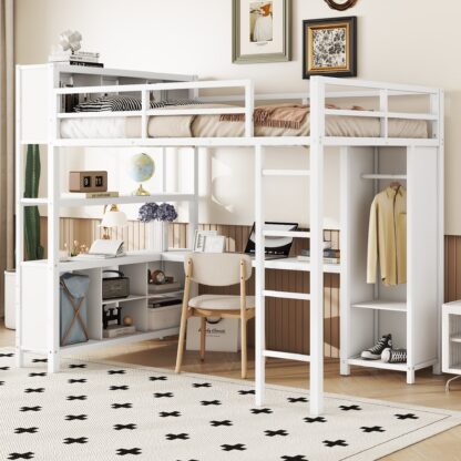 Kumix Loft Bed with Wardrobe and L-shaped Desk, Metal Loft Bed Full Size with Storage Cubes and Shelves, Heavy Duty Loft Bed Frame for Kids Teens Adults, Noise-Free, Easy Assembly, White