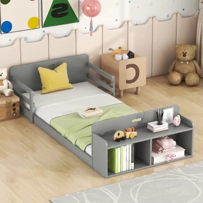 Kumix Floor Bed Twin Size with Storage Footboard and Guardrail, Wood Floor Bed Frame with Shelf 2 Cabinets for Kids Boys/Girls, Toddler Floor Bed for Bedroom, Noise-Free, Easy Assembly, Gray