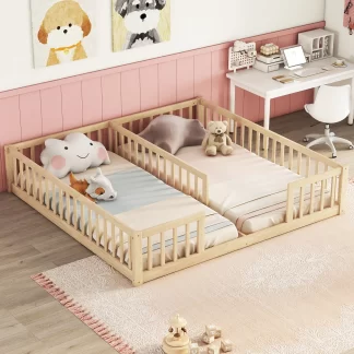 Kumix Double Floor Bed with Fence Guardrails, without Door, Slats, Wood Twin Toddler Floor Bed Frame for Kids Aged 1-3, Twin Floor Beds for 2, Noise-Free, No Box Spring Needed, Natural